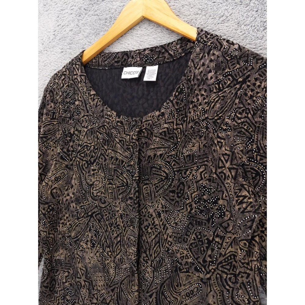 Chico's Printed Blouse Top, Size 1‎ M, Long Sleeve, Button Front, Geometric - Picture 2 of 6